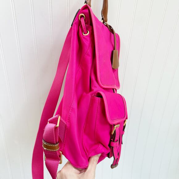 Tory Burch Perry Nylon Flap Backpack Bright Pink Fuchsia Leather Trim Bag - Picture 3 of 16